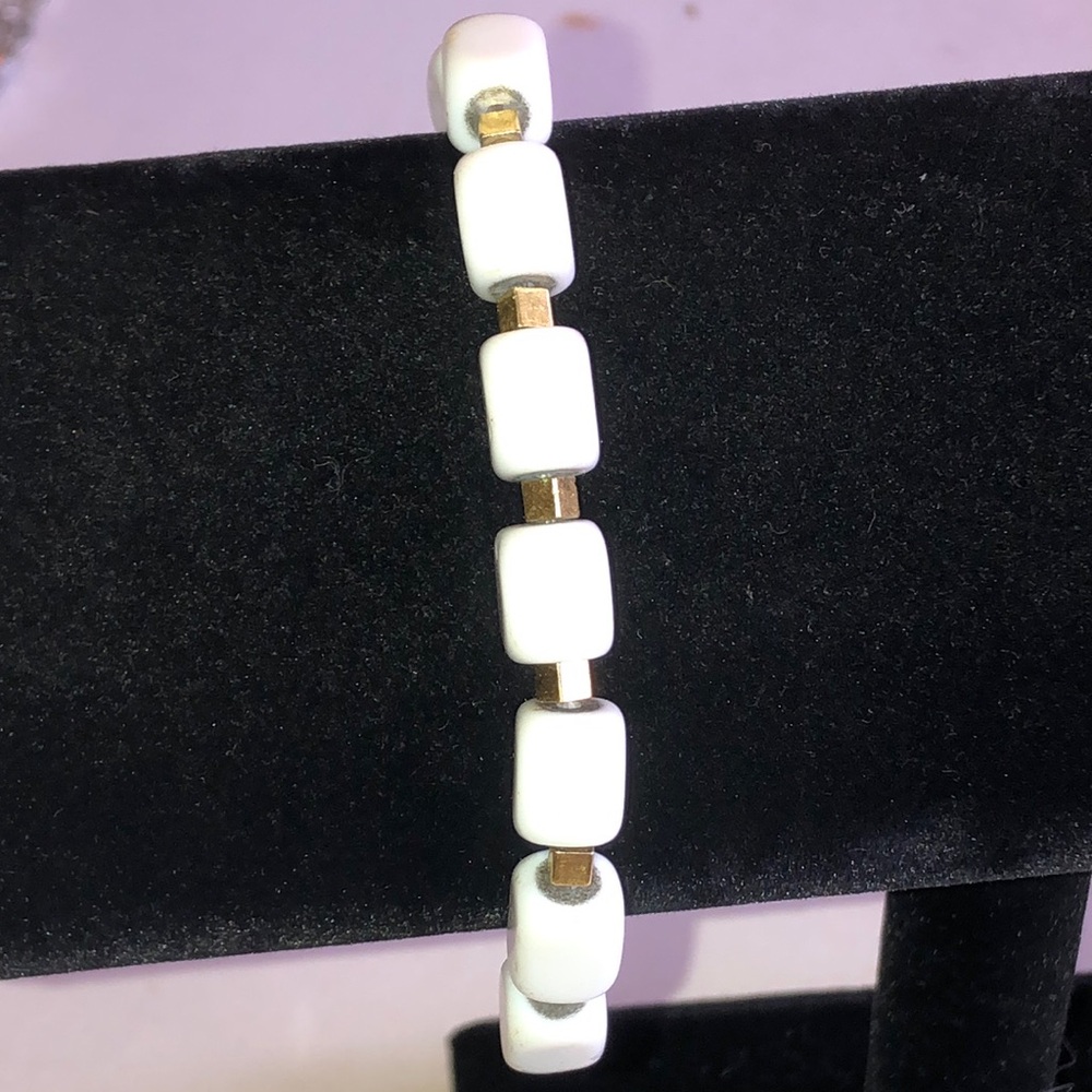 Trifari White Beaded Bracelet with Gold Tone Accents